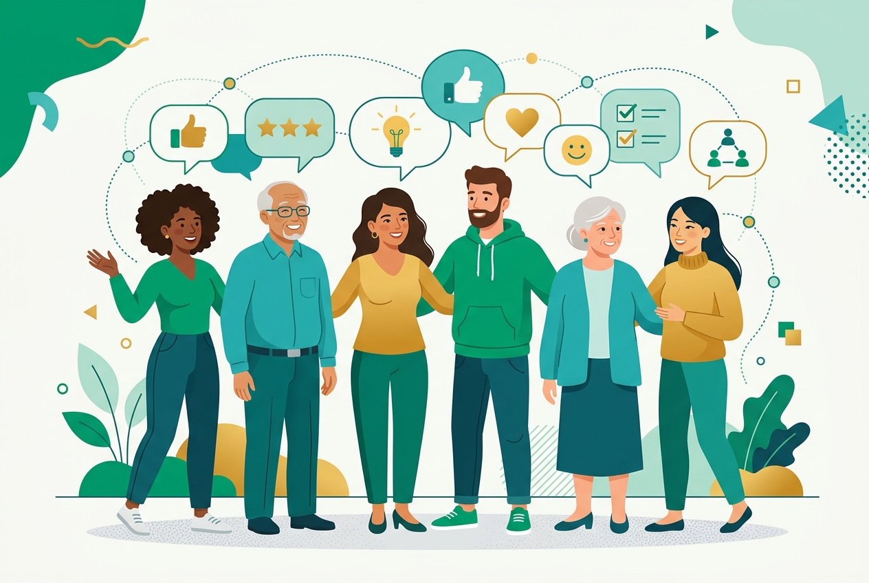 A diverse community of members sharing opinions through speech bubbles