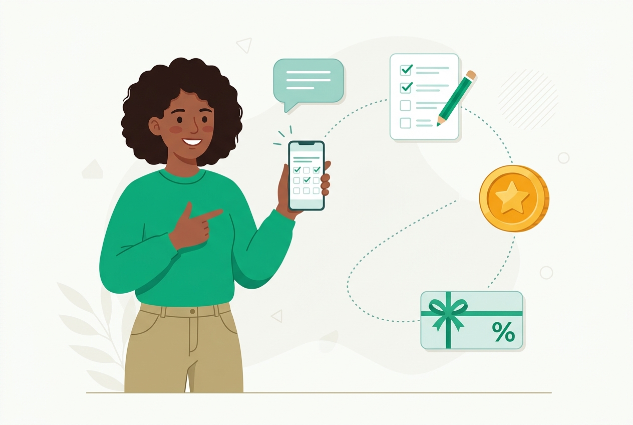 A member completing a survey on their phone and earning points, coins and a gift card reward