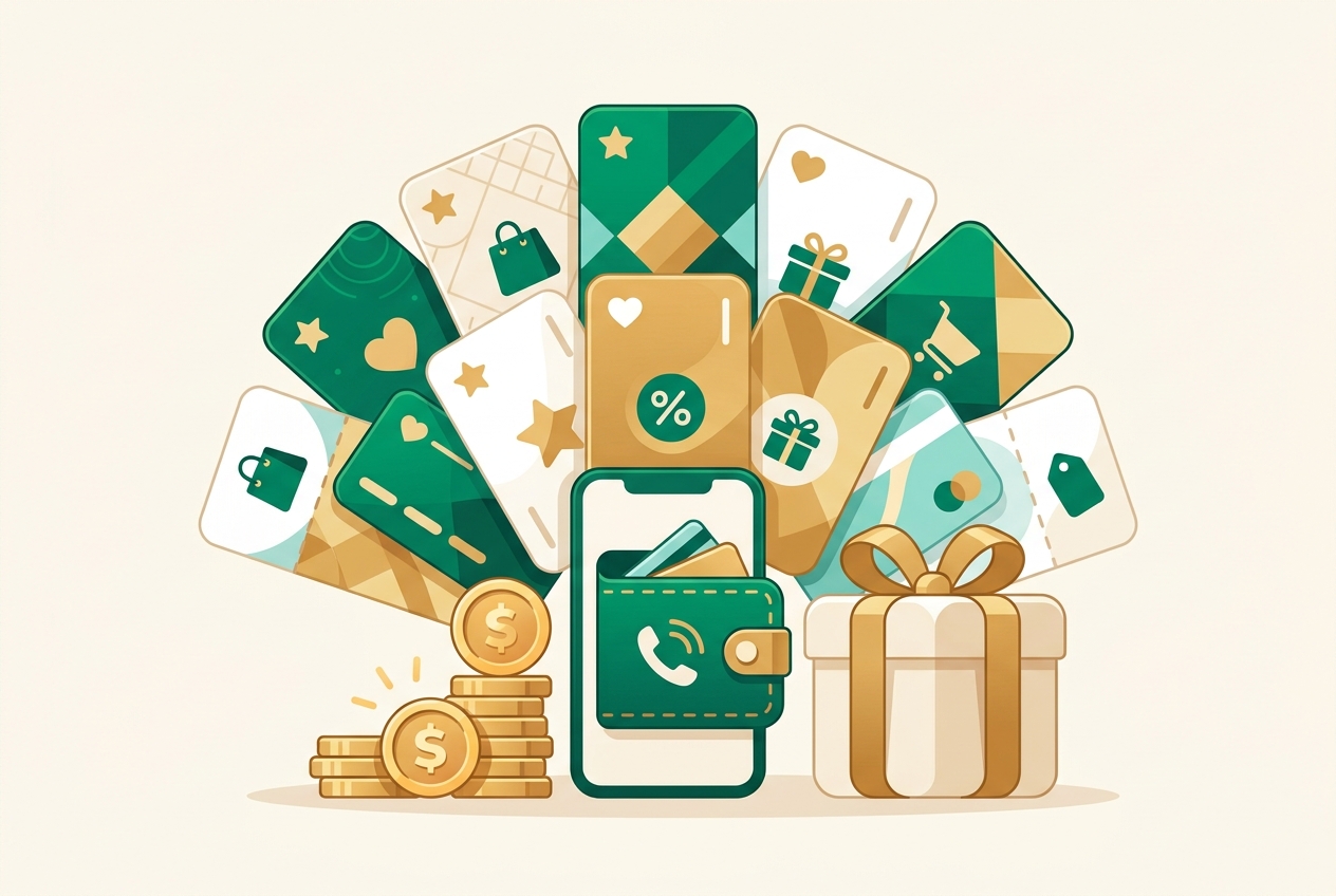 Gift cards, vouchers, coins and a digital wallet representing available rewards